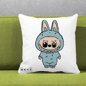 Perna Personalizata Labubu Albastru-Gri Solo, 40x40 cm, Alba Mata, Husa Detasabila, Perna Inclusa, BEKZ®