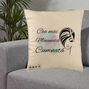 Cadou pentru Cumnata - Perna Personalizata Cea mai Minunata Cumnata cu Silueta Dama si Pete Multicolor, 40x40 cm, Bej, Husa Detasabila, Perna Inclusa, BEKZ®