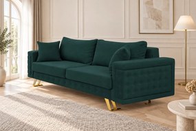 Canapea extensibilă Rosalia din stofă, verde, picioare aurii, cu ladă de depozitare