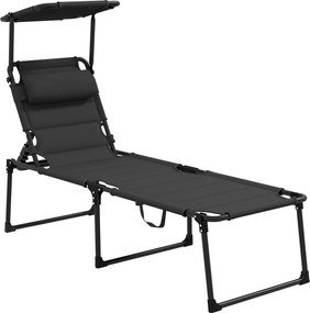 Outsunny Șezlong pliabil cu copertină, pernă pentru cap reglabilă din material Oxford 70 x 200 x 45 cm, negru | Aosom Romania