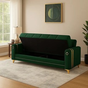 Canapea extensibila cu lada de depozitare 220x87x93 cm , detalii aurii,verde – Camara