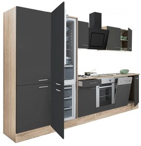 Mobilă de bucătărie Yorki 340, corp din stejar sonoma, față antracit satinat cu element cuptor inferior, dulap cu rafturi și frigider congelator inferior