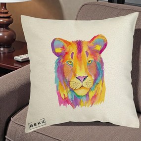Perna Decorativa Leu Acuarela Curcubeu, 40x40 cm, Ecru, Husa Detasabila, Perna Inclusa, BEKZ®