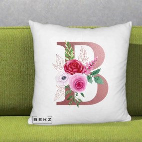 Cadou Personalizat - Perna Personalizata Monograma Rose Gold Litera B, 40x40 cm, Alb Pufos, Husa Detasabila, Perna Inclusa, BEKZ®