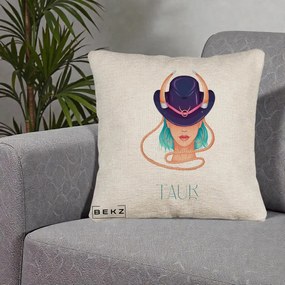 Perna Personalizata Zodie Taur, 40x40 cm, Bej Canapea, Husa Detasabila, Perna Inclusa, BEKZ®