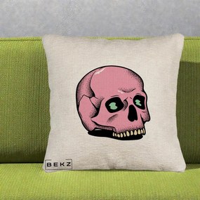 Perna Decorativa Craniu Roz Tatoo Art Halloween, 40x40 cm, Bej Canapea, Husa Detasabila, Perna Inclusa, BEKZ®