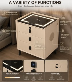 Noptieră inteligentă multifuncțională, 3 sertare, blocare cu amprentă, LED-uri tactile, 3 tipuri de culoare, încărcare fără fir, Difuzor Bluetooth, incarcare USB, sticla securizata, Ivory
