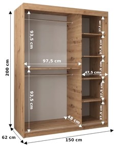 Dulap de haine 150 cm Toki 2 (negru mat + stejar artisan). 1064991