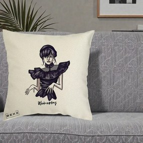 Perna Personalizata Wednesday Addams Dans Gotic, 40x40 cm, Ecru, Husa Detasabila, Perna Inclusa, BEKZ®
