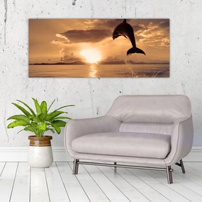 Tablou - Delfin la apus de soare (120x50 cm)