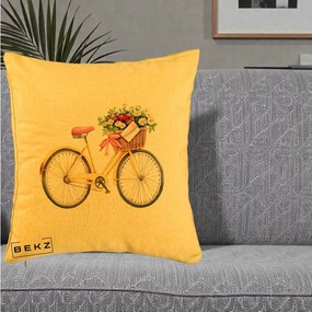 Perna Decorativa Bicicleta Galbena cu Cos de Flori Primavara, 40x40 cm, Galben, Husa Detasabila, Perna Inclusa, BEKZ®