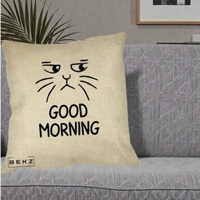 Perna Decorativa Pisica Morocanoasa Good Morning, 40x40 cm, Crem, Husa Detasabila, Perna Inclusa, BEKZ®
