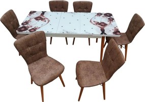 Set masa extensibila picioare lemn, blat sticla securizata +6 scaune tapitate Fusion Homs maro 80x 170 cm