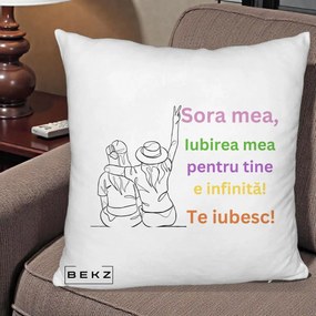 Cadou pentru Sora - Perna Personalizata Sora Mea Te Iubesc Doua Fete cu Palarie si Umbrela, 40x40 cm, Alb Pufos, Husa Detasabila, Perna Inclusa, BEKZ®