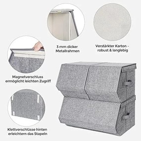 Set 3 cutii depozitare cu capac, textil / metal, gri, Songmics