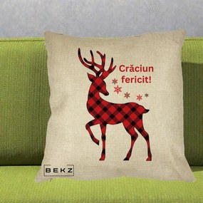 Perna Decorativa Ren Tartan Craciun Fericit, 40x40 cm, Crem, Husa Detasabila, Perna Inclusa, BEKZ®