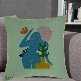 Perna Decorativa Femeie Albastra Cactus, 40x40 cm, Verde, Husa Detasabila, Perna Inclusa, BEKZ®