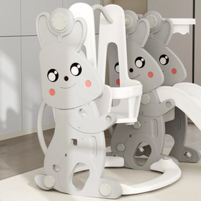 AIYAPLAY Set de jocuri 4 în 1 pentru copii, Tobogan, Leagăn, Structură de escaladă, Coș de baschet, Plastic, Design cu iepurași, Gri | Aosom Romania