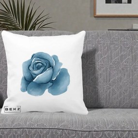 Perna Decorativa Trandafir Albastru Acuarela, 40x40 cm, Alba Mata, Husa Detasabila, Perna Inclusa, BEKZ®