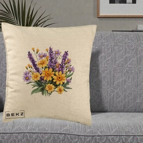 Perna Decorativa Lavanda cu Margarete Galbene si Lila, 40x40 cm, Bej, Husa Detasabila, Perna Inclusa, BEKZ®