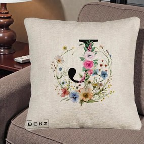 Cadou Personalizat - Perna Personalizata Monogram Litera J cu Flori Acuarela, 40x40 cm, Bej Canapea, Husa Detasabila, Perna Inclusa, BEKZ®