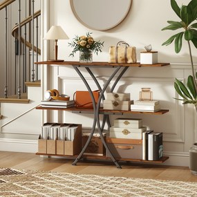 HOMCOM Masă Consolă Masă pentru Canapea cu 2 Polițe Deschise și Cadru Metalic în X Stil Industrial Maro Rustic | Aosom Romania