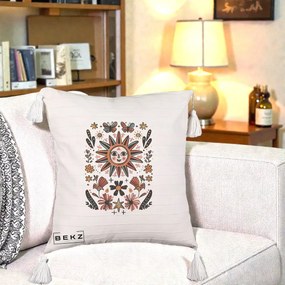 Perna Decorativa Soare Boho Folk Fluturi, 40x40 cm, Bej cu Franjuri, Husa Detasabila, Perna Inclusa, BEKZ®