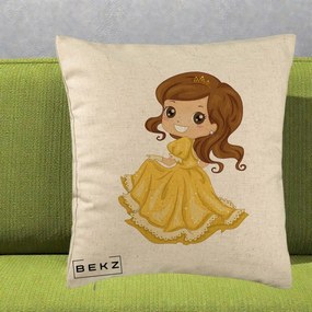 Perna Decorativa Printesa Bella Rochie Aurie, 40x40 cm, Bej, Husa Detasabila, Perna Inclusa, BEKZ®