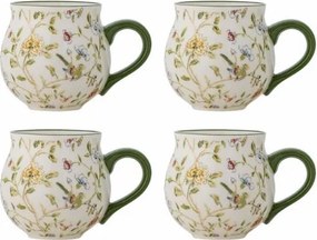 Set 4 căni din ceramică artizanală natur si motive florale botanice, 9×9 cm, "Bloomie"