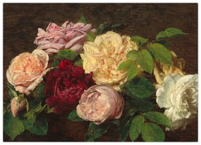 Tablou pe sticlă - Henri Fantin-Latour, Roses de Nice on a Table, reproducere (70x50 cm)