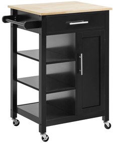 HOMCOM Dulap de Bucătărie cu Roți Dulap de Servire de Stil Contemporan - Ușă, sertar, 3 rafturi - mânere metal Blat Lemn de Hevea Negru | Aosom Romania