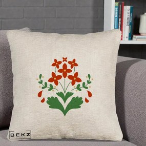 Perna Decorativa Buchet Floral Folk Rosu-Verde, 40x40 cm, Bej Canapea, Husa Detasabila, Perna Inclusa, BEKZ®