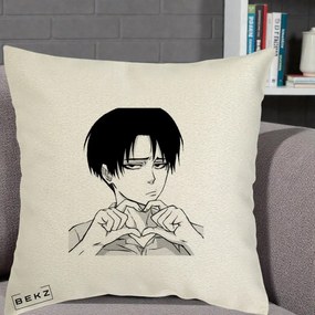 Perna Personalizata Levi Ackerman Inima, 40x40 cm, Ecru, Husa Detasabila, Perna Inclusa, BEKZ®