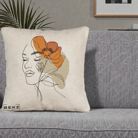 Perna Decorativa Portret Feminin Mac Mare Portocaliu, 40x40 cm, Bej Canapea, Husa Detasabila, Perna Inclusa, BEKZ®