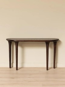 Consolă din lemn de stejar, cu blat semioval și picioare conice, maro antichizat, finisaj satinat, 132×27×75 cm, „Calvin"