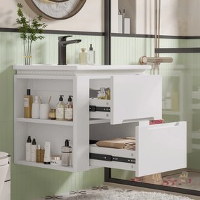 Dulap de baie suspendat cu iluminare LED cu senzor radar, două sertare și rafturi laterale, 61x46x50 cm, Alb