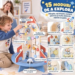 AIYAPLAY Masă Educativă Montessori pentru Copii din Lemn, cu Tematică Rachetă, Traseu de Bile, Angrenaje și Abac | Aosom Romania