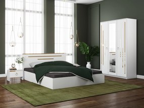 Dormitor Gold, culoare alb / auriu, pat standard 160x200 cm, dulap 123 cm si 2 noptiere
