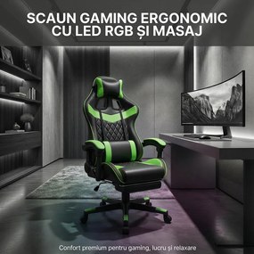 Scaun gaming, sistem iluminare bandă LED RGB, masaj în perna lombară, suport picioare, Negru/Verde