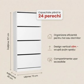 Dulap Pantofi Inalt Adore XL – Pantofar cu Adancime Slim (26 cm) pentru Hol, 4 Compartimente Rabatabile, Capacitate 24 Perechi