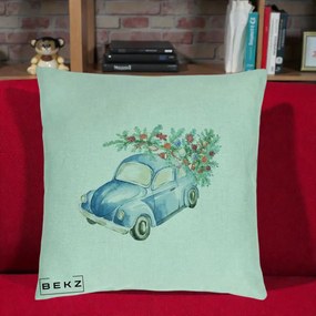 Perna Decorativa Masinuta Albastra cu Brad de Craciun, 40x40 cm, Verde Menta, Husa Detasabila, Perna Inclusa, BEKZ®