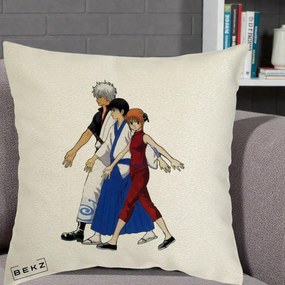 Perna Personalizata Gintama Trio Gintoki Shinpachi Kagura, 40x40 cm, Ecru, Husa Detasabila, Perna Inclusa, BEKZ®
