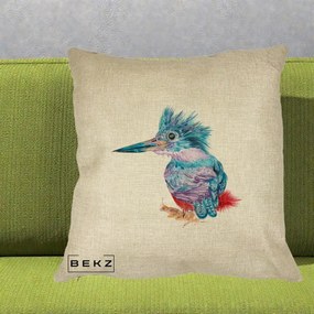 Perna Decorativa Pasare Martin Pescar Acuarela Albastru-Mov, 40x40 cm, Crem, Husa Detasabila, Perna Inclusa, BEKZ®