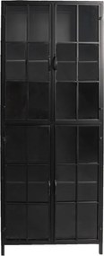Dulap vitrină industrial din metal, negru, cu 4 uși vitrate, 4 rafturi și ochiuri de geam ca de fereastră, finisaj mat, 141 x 60 x 43 cm, „Fenetre”