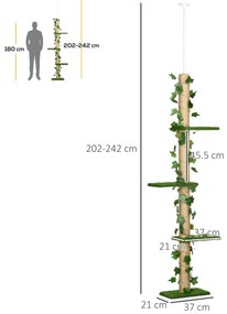 PawHut Stâlp Înalt pentru Pisici cu Tijă de Tensionare din Iută cu Frunze, 37x21x202-242 cm, Verde | Aosom Romania