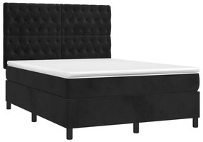 Pat box spring cu saltea, negru, 140x200 cm, catifea Negru, 140 x 200 cm, Design cu nasturi