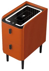 Noptieră inteligentă slim cu &icirc;ncărcare wireless, iluminare LED și 2 sertare &ndash; culoare portocaliu, design modern din sticlă și lemn