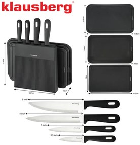 Klausberg KB 7980 set cuțit și placă de tăiat, 8 piese, Oțel inoxidabil, Suport, Negru/inox