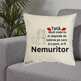 Cadou pentru Tata - Perna Personalizata Tata Nemuritor Baietel, 40x40 cm, Ecru, Husa Detasabila, Perna Inclusa, BEKZ®
