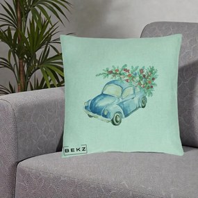 Perna Decorativa Masinuta Albastra cu Brad de Craciun, 40x40 cm, Verde Menta, Husa Detasabila, Perna Inclusa, BEKZ®